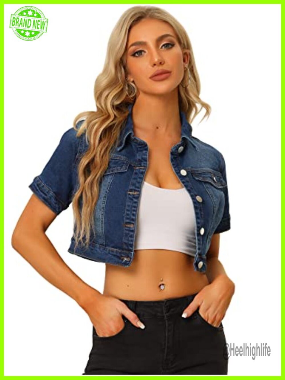 Womens Cropped Denim Jacket Short Sleeve Button Down Jean Jacket